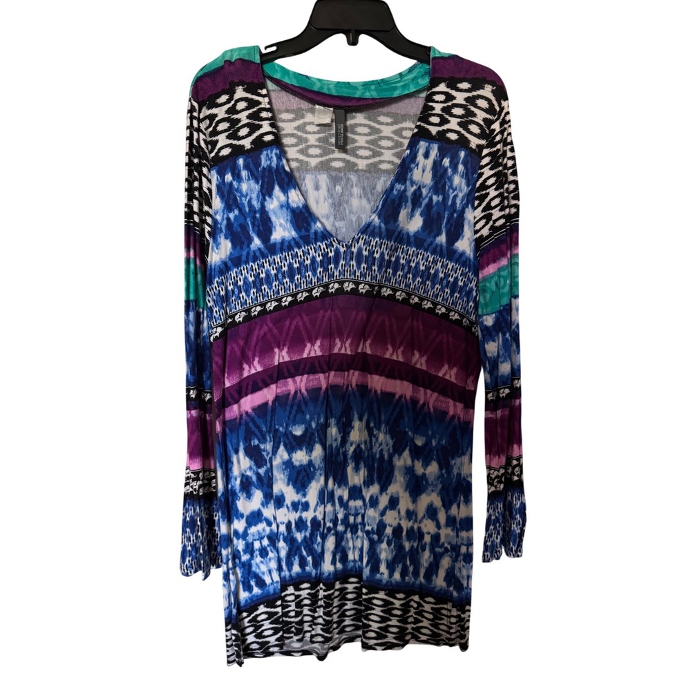 Kenneth Cole Reaction Womens V-Neck Mixed Print Long Sleeve Tunic Top BluePurple